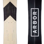 Arbor Coda Rocker Splitboard 2022 - A light-colored wood grain splitboard with a black chevron design on top and black bindings.