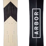 Arbor Coda Rocker Splitboard 2022 - A light-colored wood grain splitboard with a black chevron design on top and black bindings.