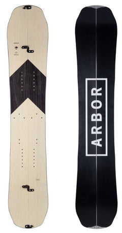 Arbor Coda Rocker Splitboard 2022 - A light-colored wood grain splitboard with a black chevron design on top and black bindings.
