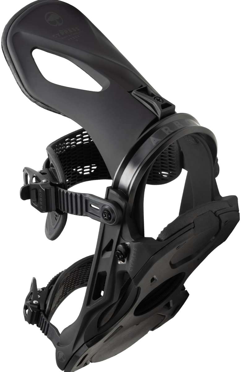 Arbor Cypress Snowboard Binding 2023 - Black bindings with a sleek, modern design and adjustable straps.
