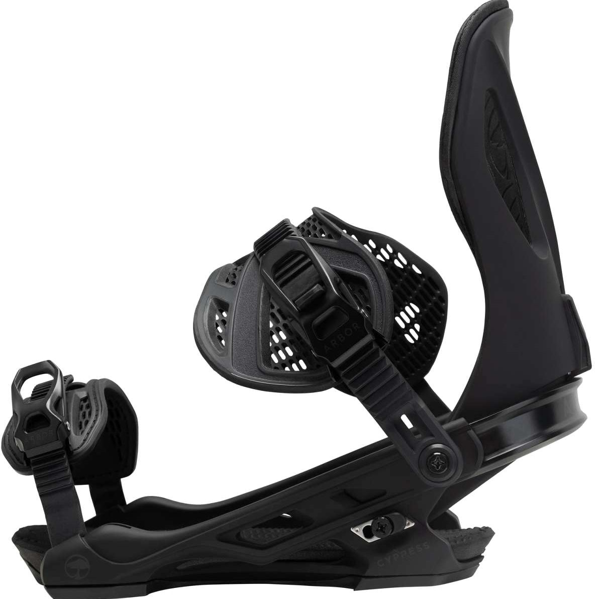 Arbor Cypress Snowboard Binding 2023 - Black snowboard bindings with a sleek, modern design and adjustable straps.