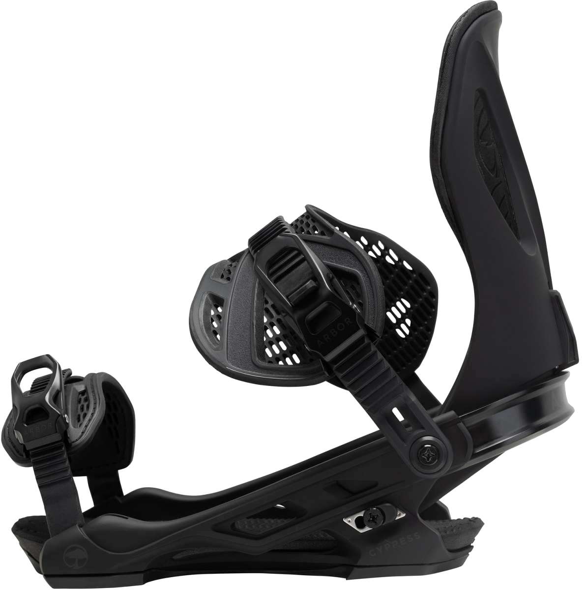 Arbor Cypress Snowboard Binding 2023 - Black snowboard bindings with a sleek, modern design and adjustable straps.