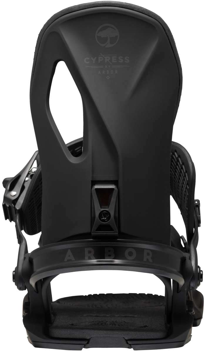 Arbor Cypress Snowboard Binding 2023 - A black snowboard binding with a distinctive logo on top and a textured strap.
