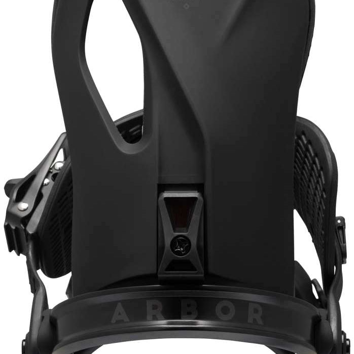 Arbor Cypress Snowboard Binding 2023 - A black snowboard binding with a distinctive logo on top and a textured strap.