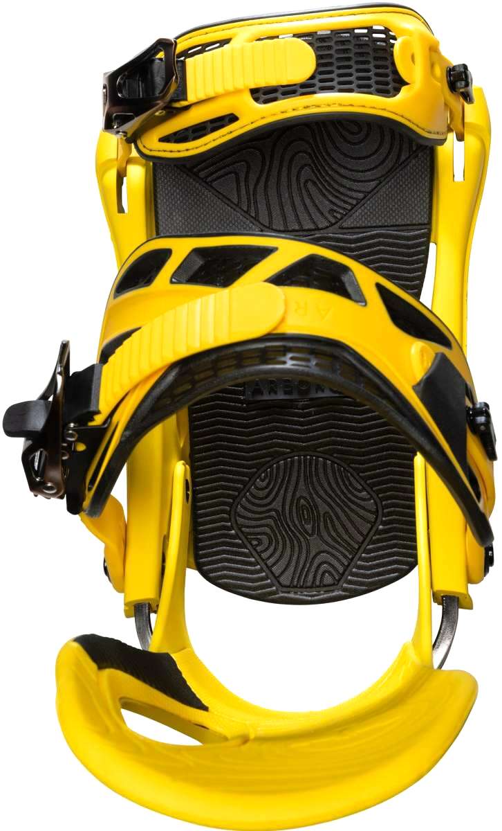 Arbor Cypress Snowboard Binding 2023 - A black snowboard binding with a yellow logo on top of the strap and a white stripe along the bottom edge.