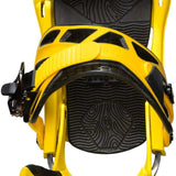 Arbor Cypress Snowboard Binding 2023 - A black snowboard binding with a yellow logo on top of the strap and a white stripe along the bottom edge.