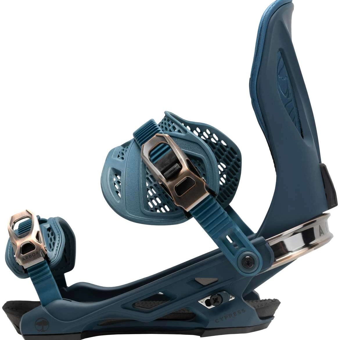 Arbor Cypress Snowboard Binding 2023 - A dark blue snowboard binding with a silver buckle and strap.