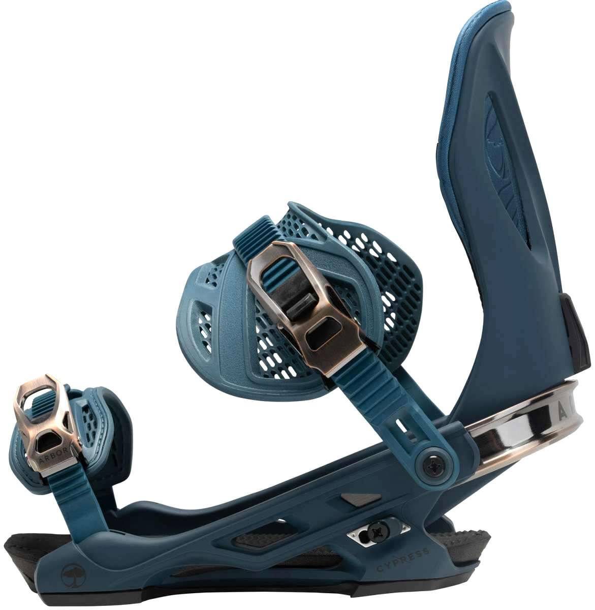 Arbor Cypress Snowboard Binding 2023 - A dark blue snowboard binding with a silver buckle and strap.