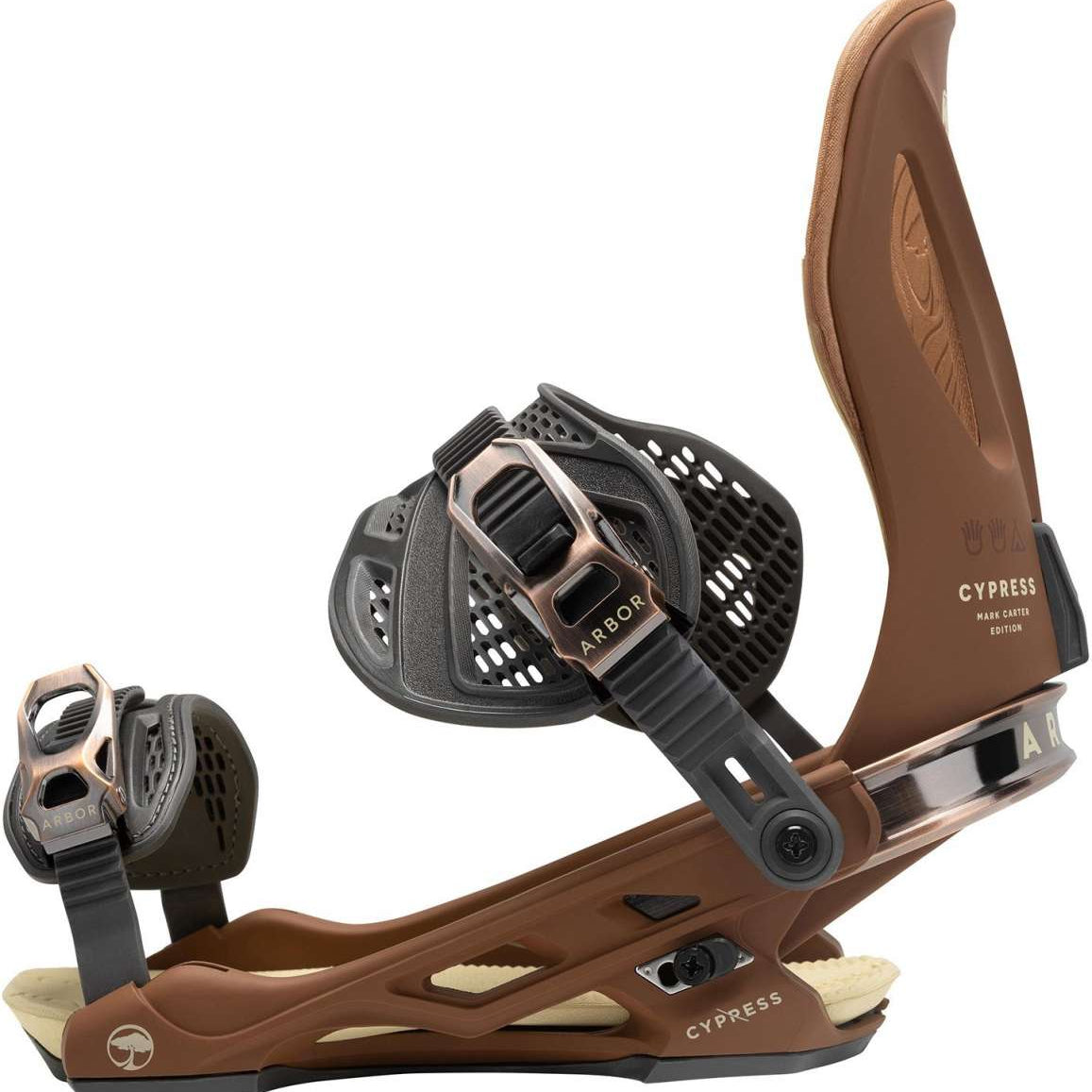 Arbor Cypress Snowboard Binding 2023 - A brown snowboard binding with a black strap and silver screws.