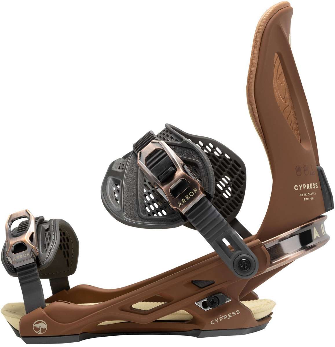 Arbor Cypress Snowboard Binding 2023 - A brown snowboard binding with a black strap and silver screws.