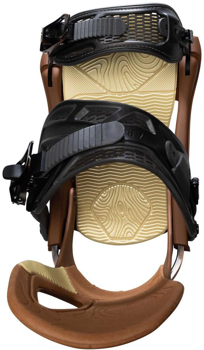 Arbor Cypress Snowboard Binding 2023 - A brown snowboard binding with a tan strap and black buckles.