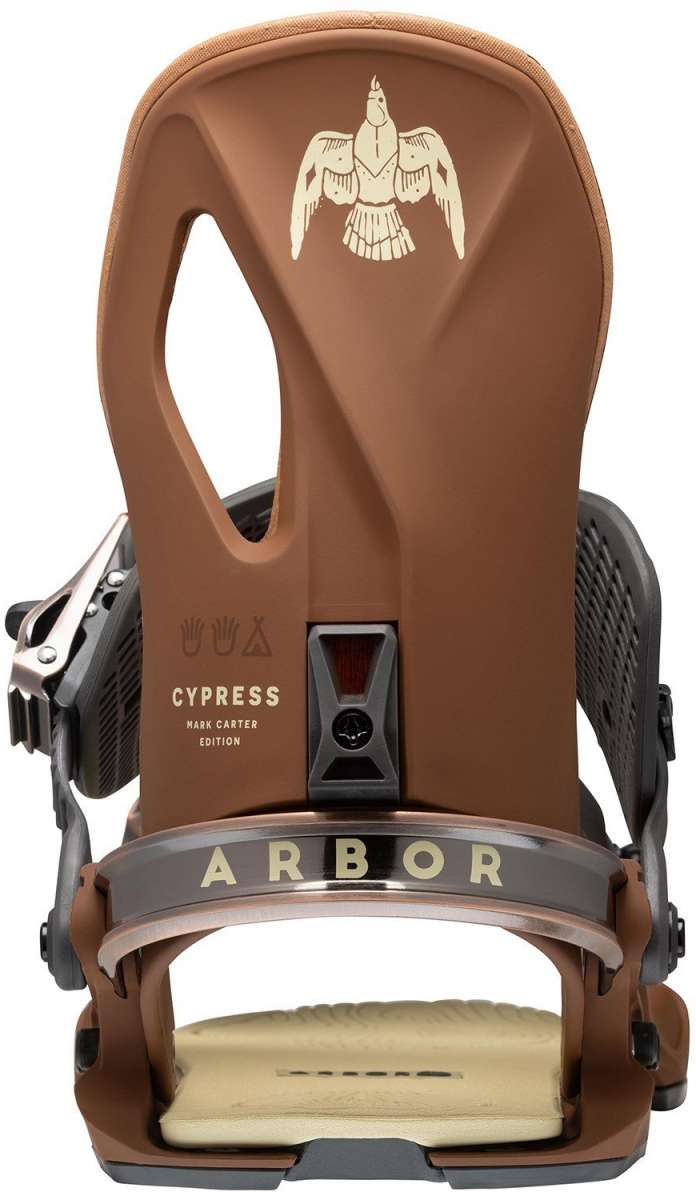 Arbor Cypress Snowboard Binding 2023 - A brown snowboard binding with a white eagle logo on top and a beige strap.