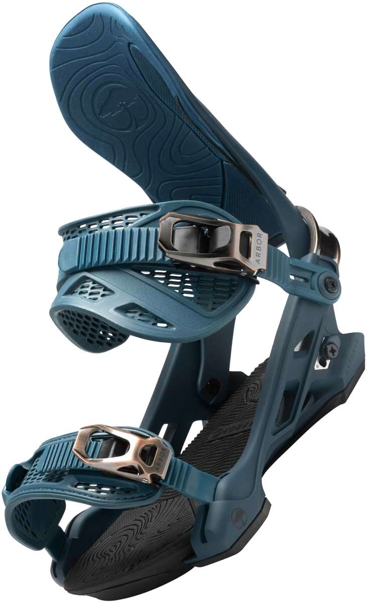 Arbor Cypress Snowboard Binding 2023 - A dark gray snowboard binding with a textured strap and silver buckles.