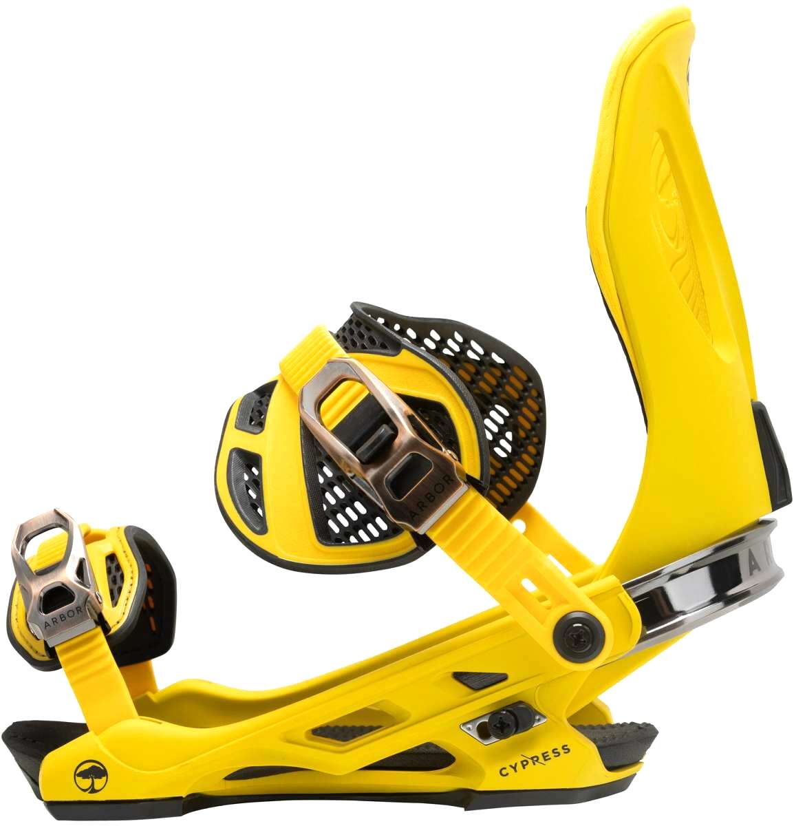 Arbor Cypress Snowboard Binding 2023 - A bright yellow snowboard binding with black accents and silver buckles.