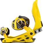 Arbor Cypress Snowboard Binding 2023 - A bright yellow snowboard binding with black accents and silver buckles.