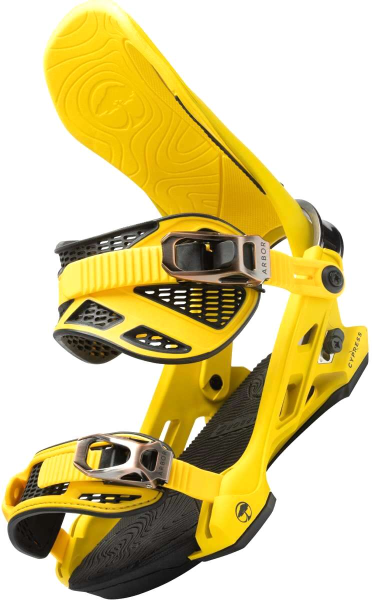 Arbor Cypress Snowboard Binding 2023 - Yellow bindings with black buckles and straps, featuring a textured pattern on the footbed.
