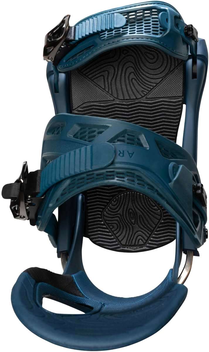 Arbor Cypress Snowboard Binding 2023 - A blue snowboard binding with a black strap and buckle, featuring a wood grain pattern on the baseplate.