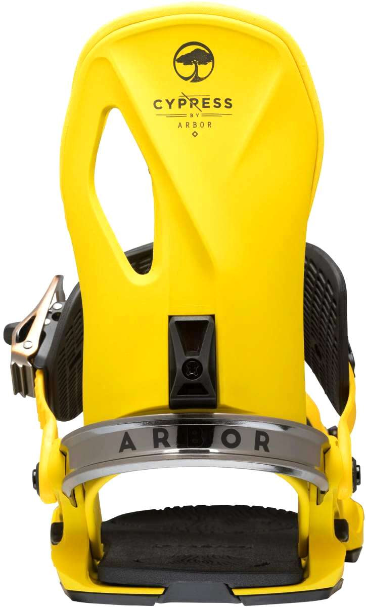 Arbor Cypress Snowboard Binding 2023 - A bright yellow snowboard binding with a black strap and silver buckle.