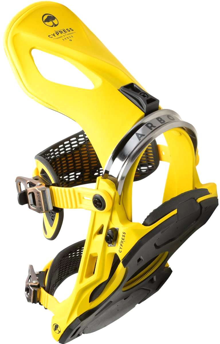Arbor Cypress Snowboard Binding 2023 - Yellow snowboard bindings with black straps and buckles.
