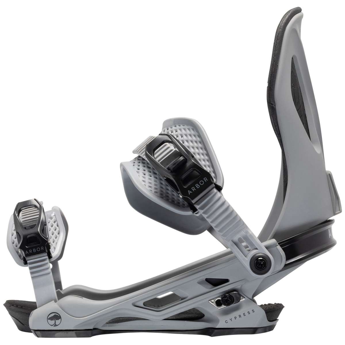 Arbor Cypress Snowboard Bindings 2024 - A pair of snowboard bindings with a sleek, modern design and a predominantly black color scheme.