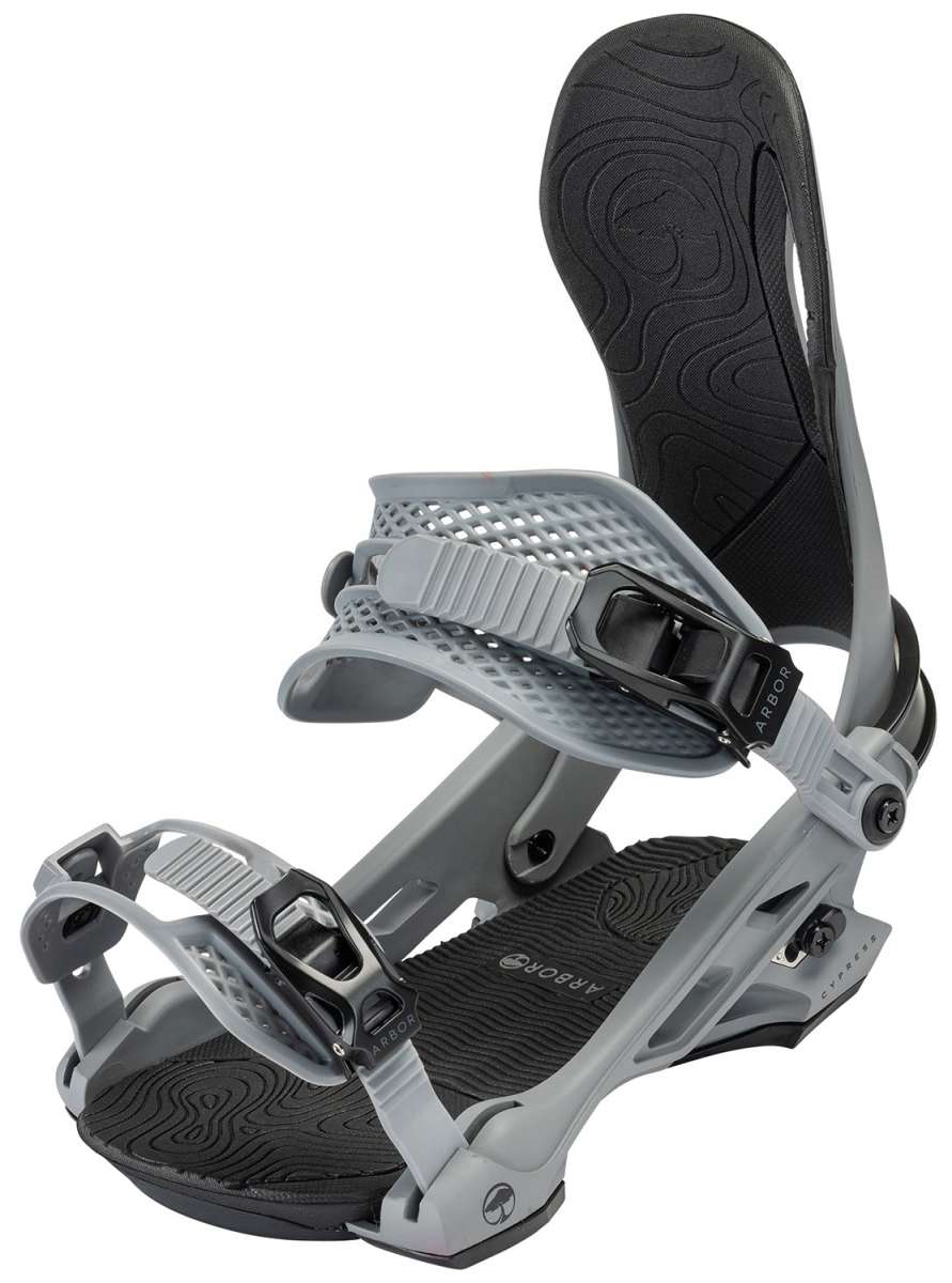 Arbor Cypress Snowboard Bindings 2024 - A pair of gray snowboard bindings with black straps and buckles, featuring a textured pattern on the baseplate.
