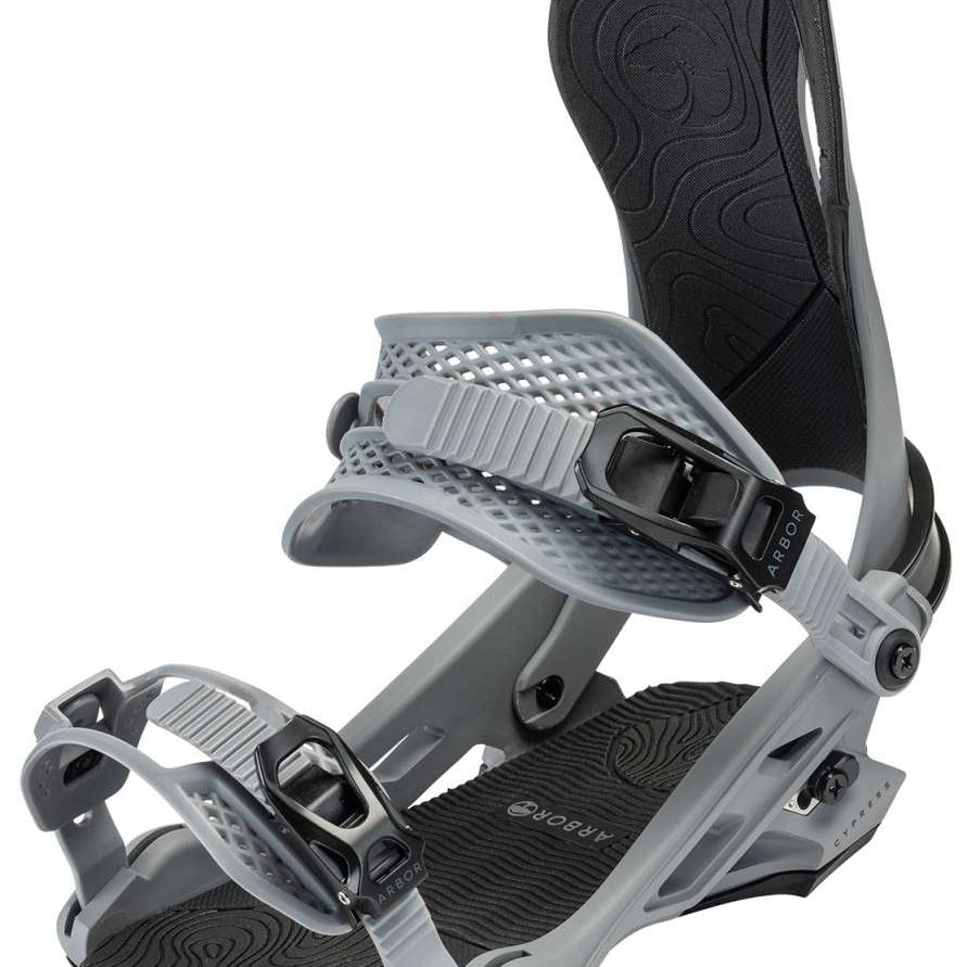 Arbor Cypress Snowboard Bindings 2024 - A pair of gray snowboard bindings with black straps and buckles, featuring a textured pattern on the baseplate.