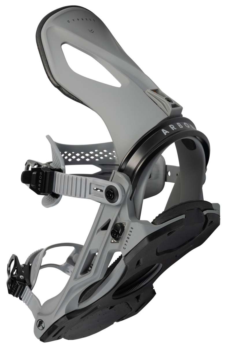 Arbor Cypress Snowboard Bindings 2024 - A pair of snowboard bindings with a light gray base and black straps, featuring a sleek design with cutouts on the sides.