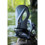 Arbor Cypress Snowboard Bindings 2024 - A pair of snowboard bindings with a sleek, modern design and silver buckles.