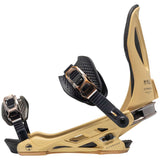 Arbor Cypress Snowboard Bindings 2024 - A pair of tan snowboard bindings with black straps and buckles, featuring a textured pattern on the baseplate.