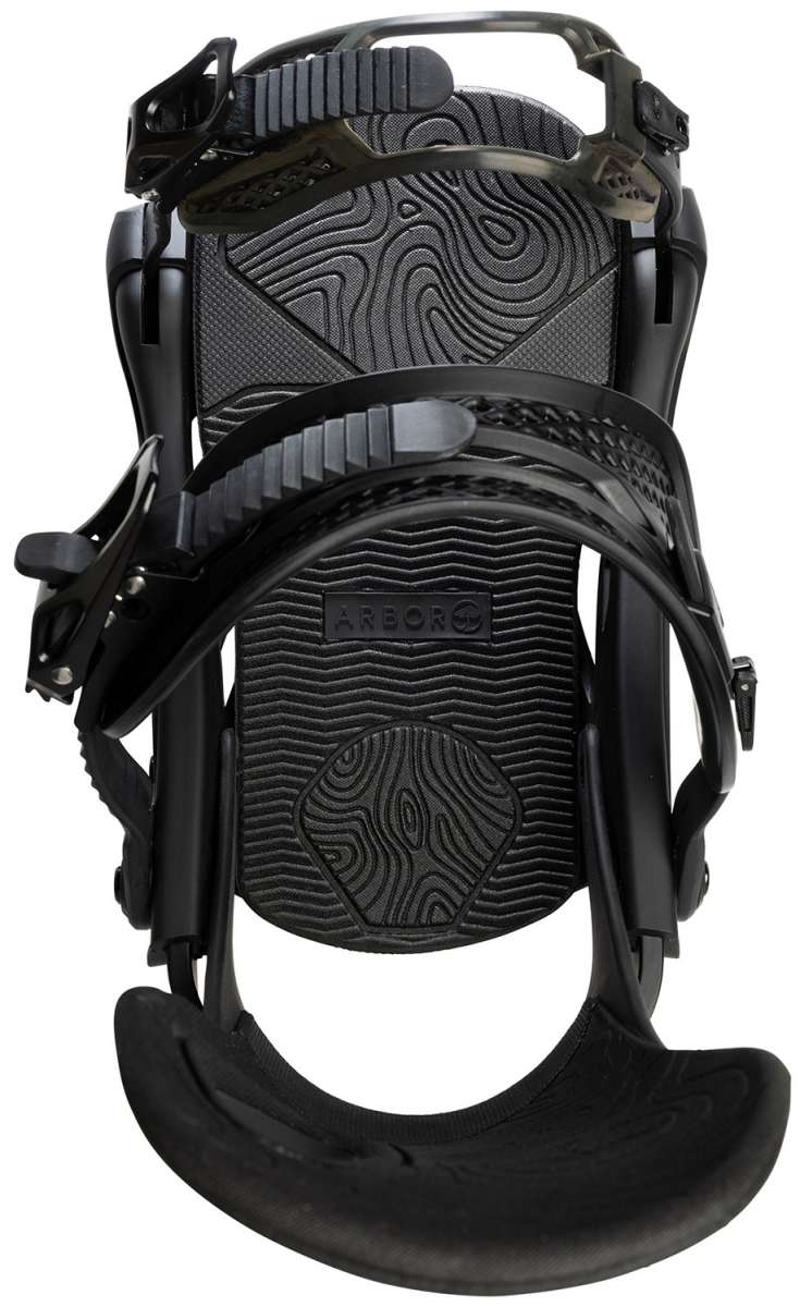 Arbor Cypress Snowboard Bindings 2024 - A black snowboard binding with a textured top surface and a geometric pattern on the baseplate.