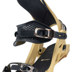 Arbor Cypress Snowboard Bindings 2024 - A pair of black bindings with silver buckles and straps, featuring a wavy pattern on the footbeds.