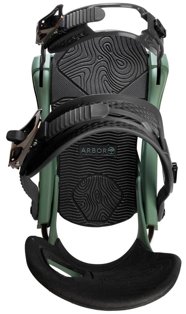 Arbor Cypress Snowboard Bindings 2024 - A green snowboard binding with a black strap and buckle, featuring a topographic pattern on the baseplate.