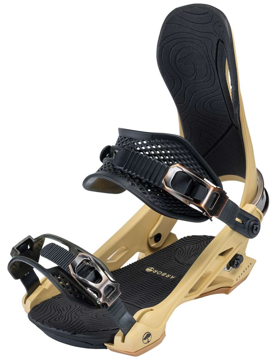 Arbor Cypress Snowboard Bindings 2024 - A pair of black bindings with silver buckles and straps, featuring a textured pattern on the footbed.