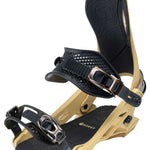 Arbor Cypress Snowboard Bindings 2024 - A pair of black bindings with silver buckles and straps, featuring a textured pattern on the footbed.