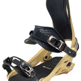 Arbor Cypress Snowboard Bindings 2024 - A pair of black bindings with silver buckles and straps, featuring a textured pattern on the footbed.
