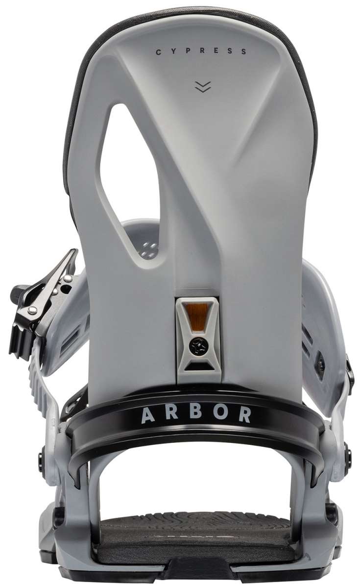 Arbor Cypress Snowboard Bindings 2024 - A pair of snowboard bindings with a sleek, modern design and a predominantly white color scheme.