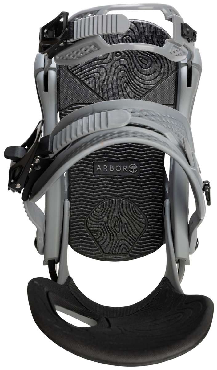Arbor Cypress Snowboard Bindings 2024 - A pair of black bindings with a textured pattern on the straps and a silver buckle.