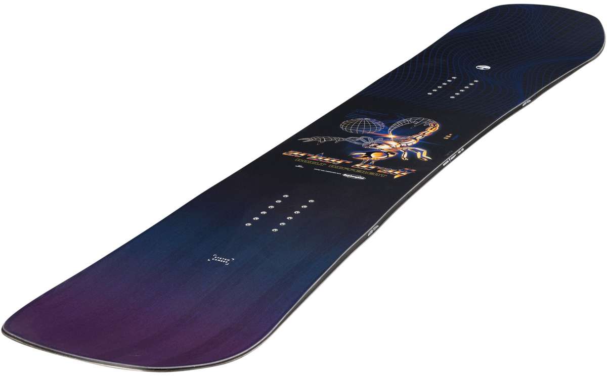 Arbor Draft Camber Snowboard 2024 - A black snowboard with a white logo and text on top of it.