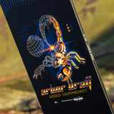 Arbor Draft Camber Snowboard 2024 - A black snowboard with a white and blue geometric pattern on top of a blurred background.