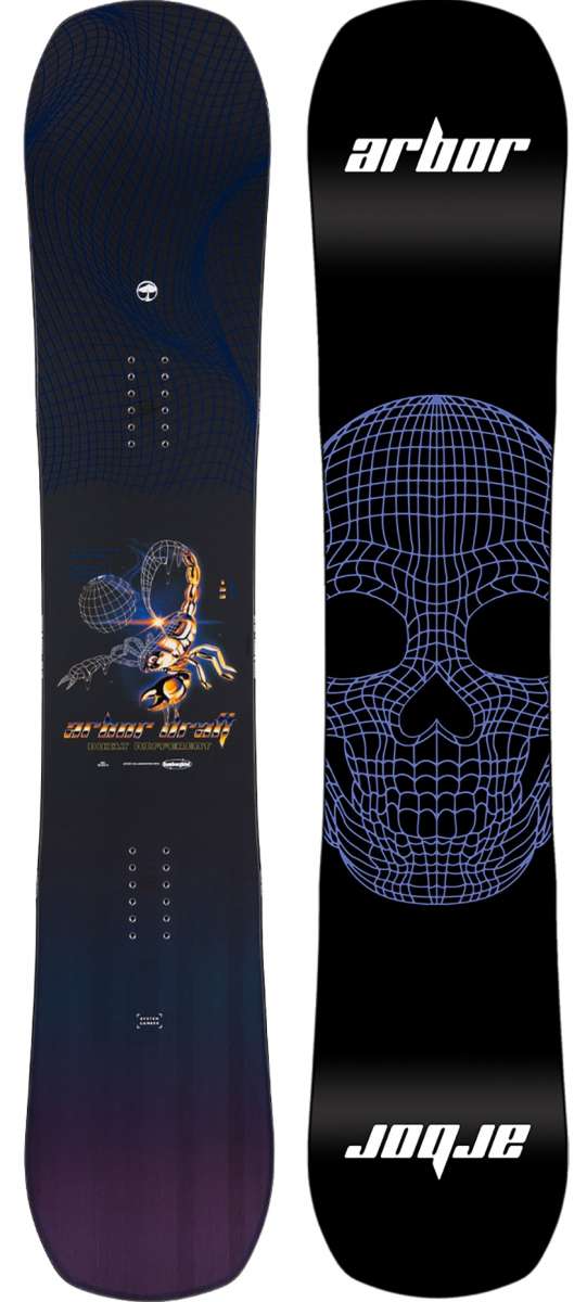 Arbor Draft Camber Snowboard 2024 - A black snowboard with a white logo on top and a blue stripe at the bottom.