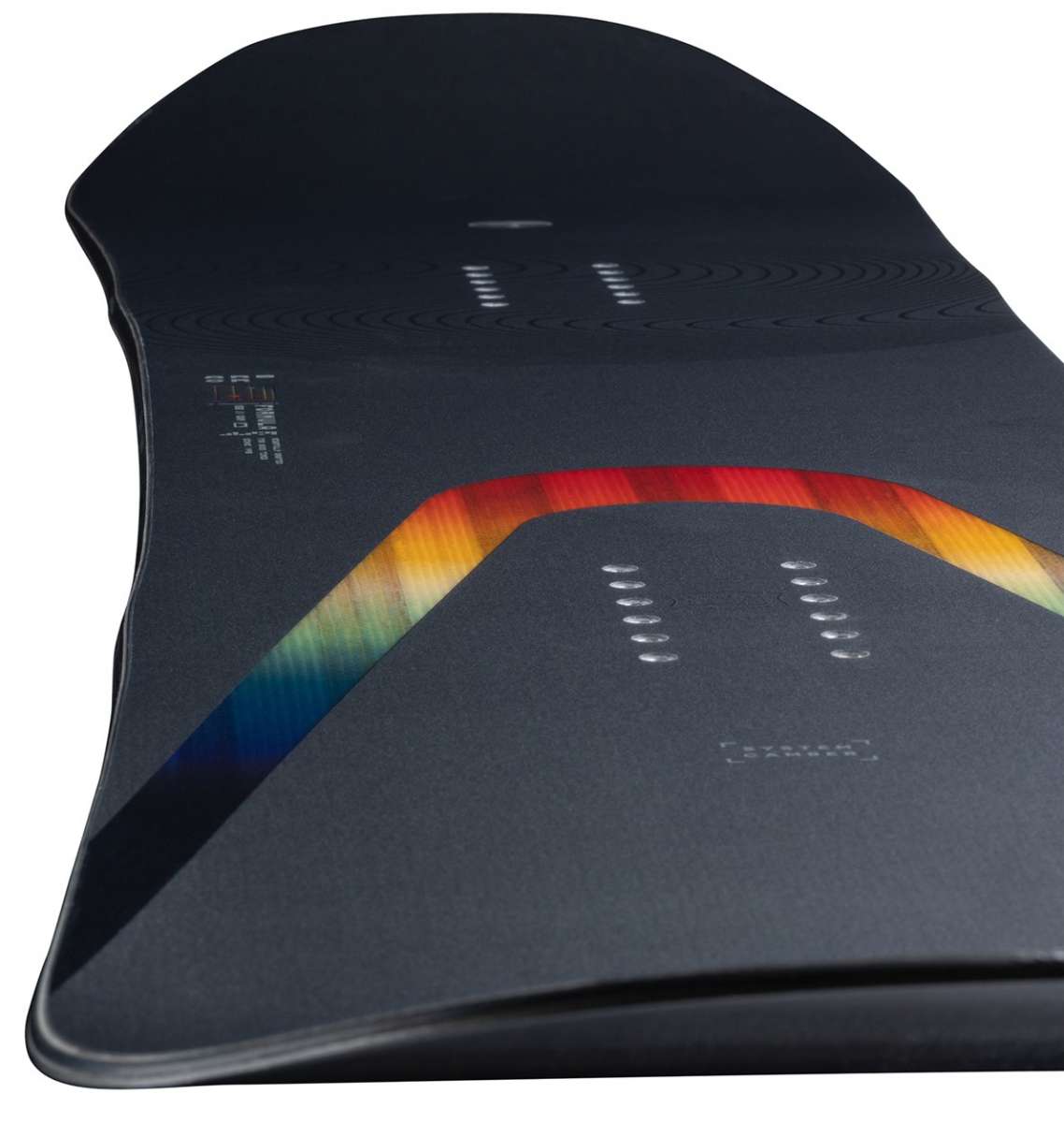 Arbor Formula Camber Snowboard 2023 - A black snowboard with a rainbow-colored stripe along its bottom edge.