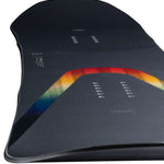Arbor Formula Camber Snowboard 2023 - A black snowboard with a rainbow-colored stripe along its bottom edge.