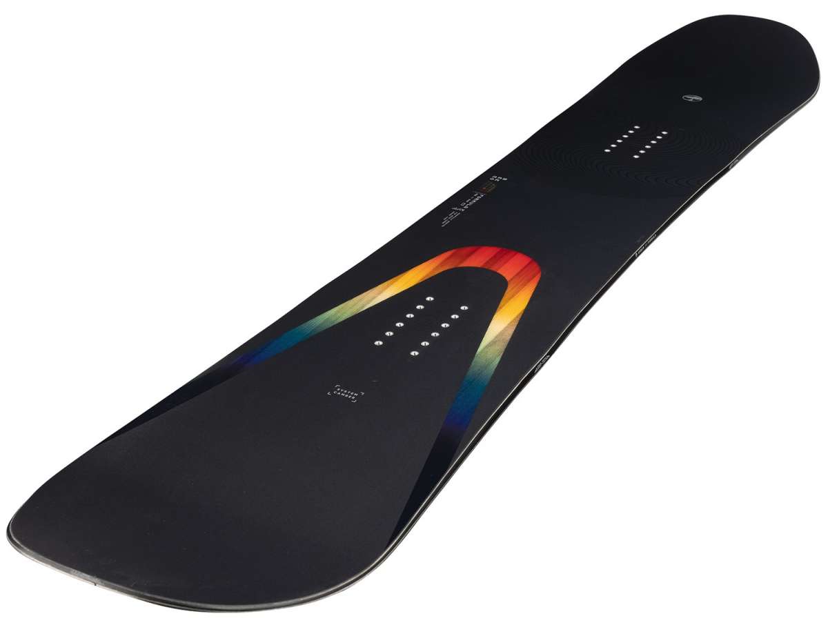 Arbor Formula Camber Snowboard 2023 - A black snowboard with a rainbow-colored stripe on top.