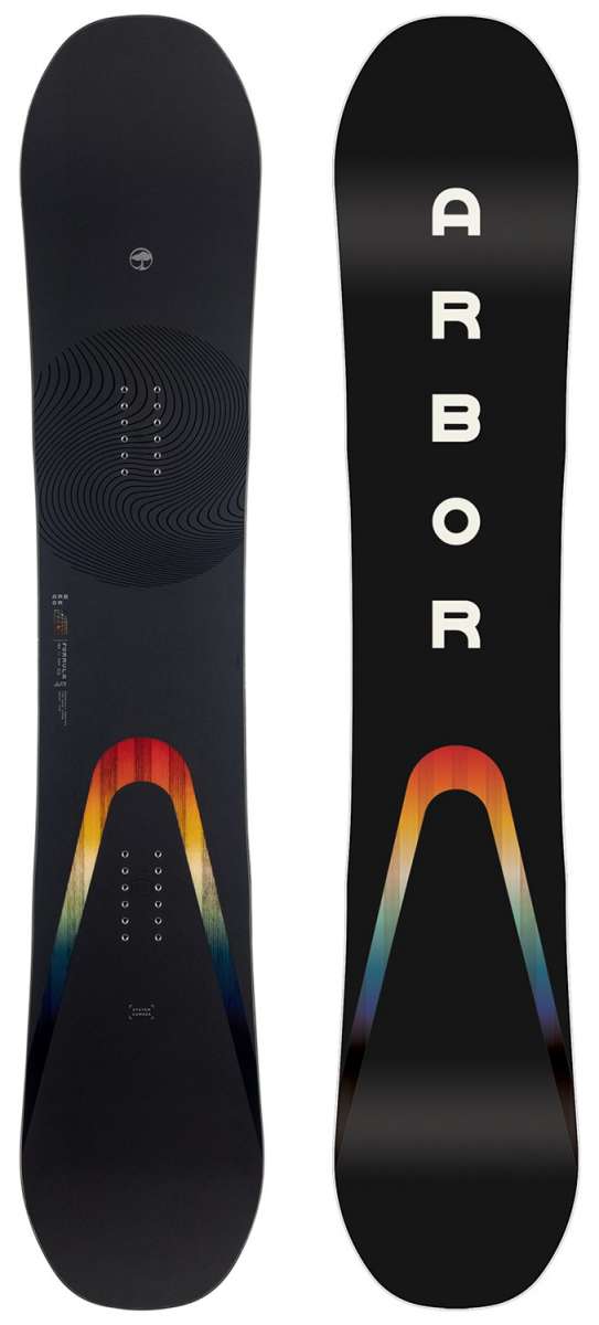 Arbor Formula Camber Snowboard 2023 - A black snowboard with a circular pattern of thin lines on its bottom.