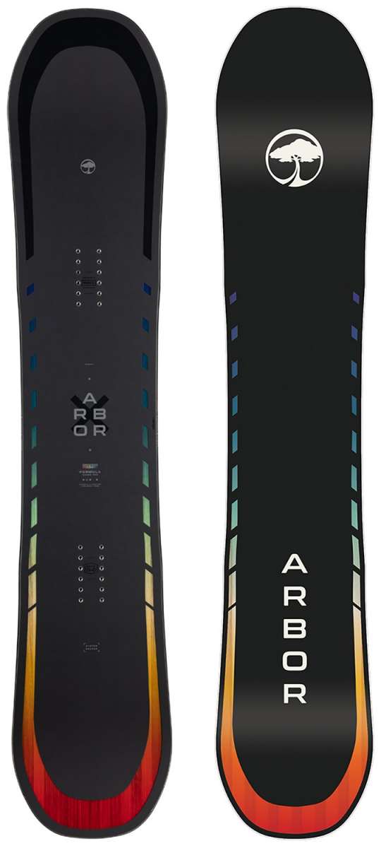 Arbor Formula Rocker Snowboard 2024 - A black snowboard with a white logo featuring an arched tree in a circle at its center.