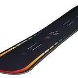 Arbor Formula Rocker Snowboard 2024 - A black snowboard with a red and yellow stripe along its bottom edge.