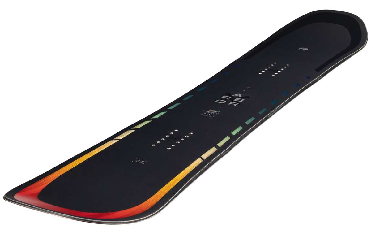 Arbor Formula Rocker Snowboard 2024 - A black snowboard with a red and yellow stripe along its bottom edge.