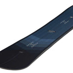 Arbor Foundation Rocker Snowboard 2024 - A dark blue snowboard with a geometric pattern on top and white lettering.