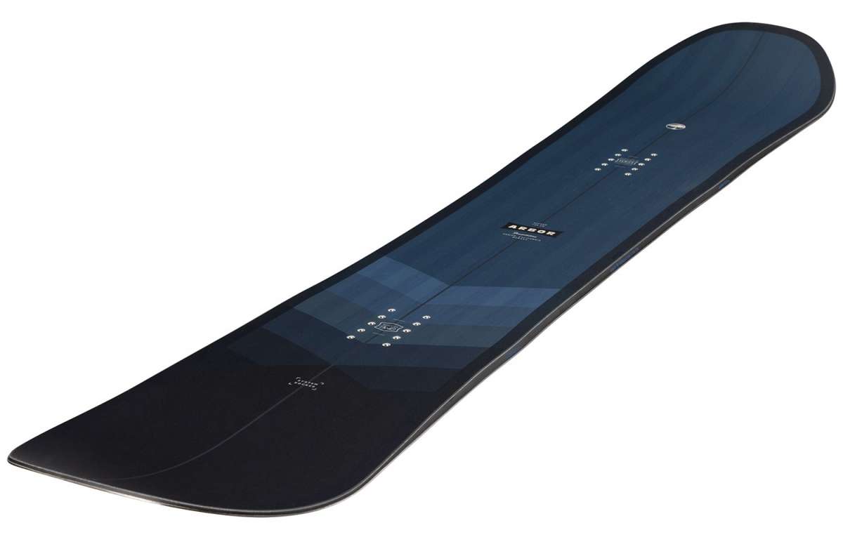Arbor Foundation Rocker Snowboard 2024 - A dark blue snowboard with a geometric pattern on top and white lettering.