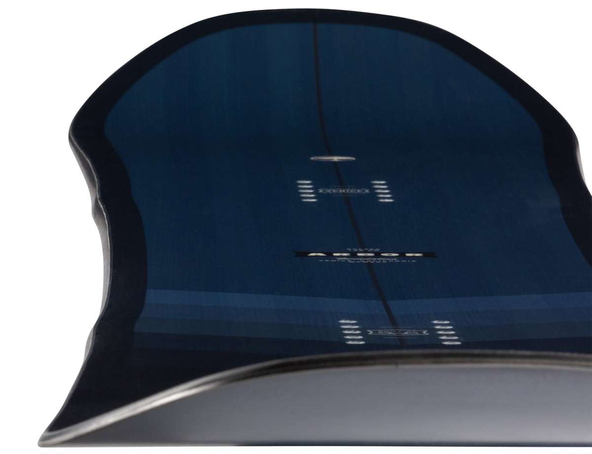Arbor Foundation Rocker Snowboard 2024 - A dark blue snowboard with a subtle white pattern and black binding hardware.
